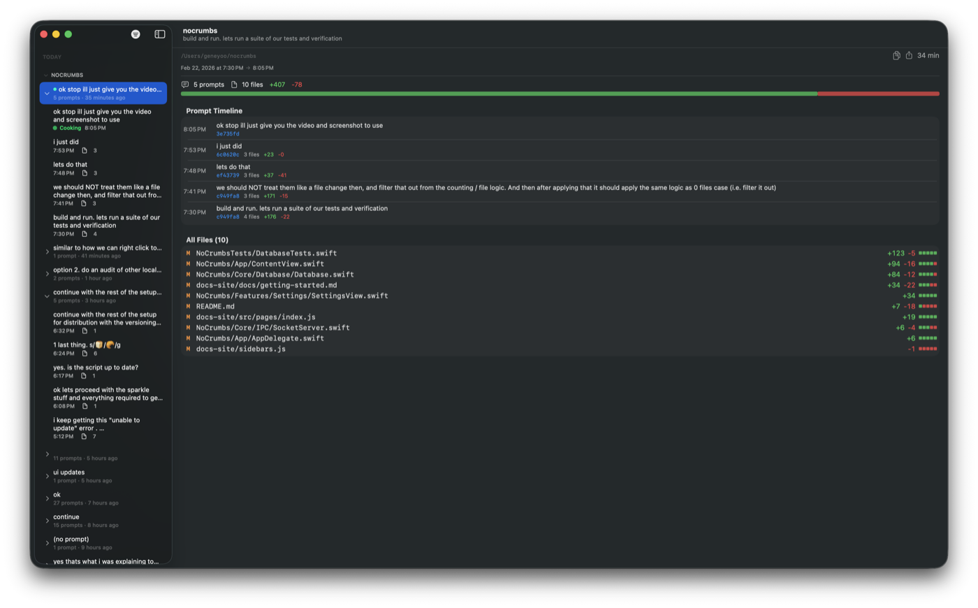 NoCrumbs session summary — prompt timeline and file changes