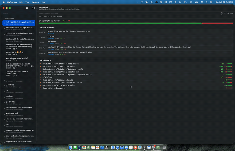 NoCrumbs demo — browse sessions, view diffs